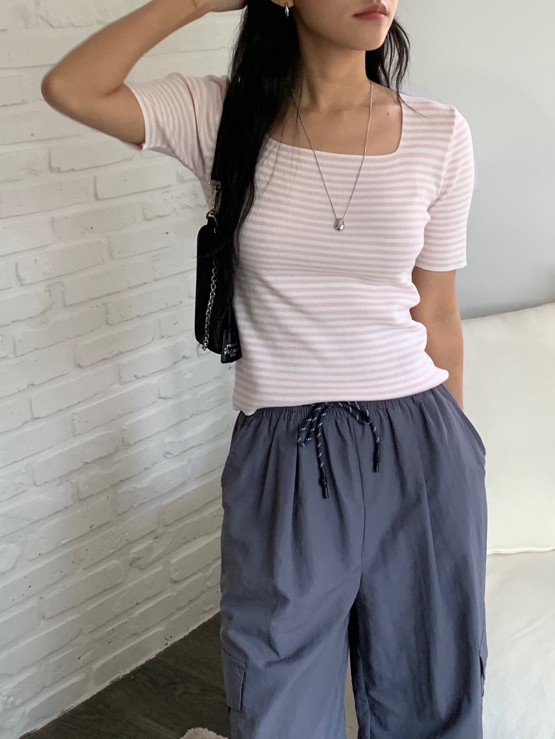 ニットスクエアネックスリム半袖ボーダーTシャツ | 詳細画像9