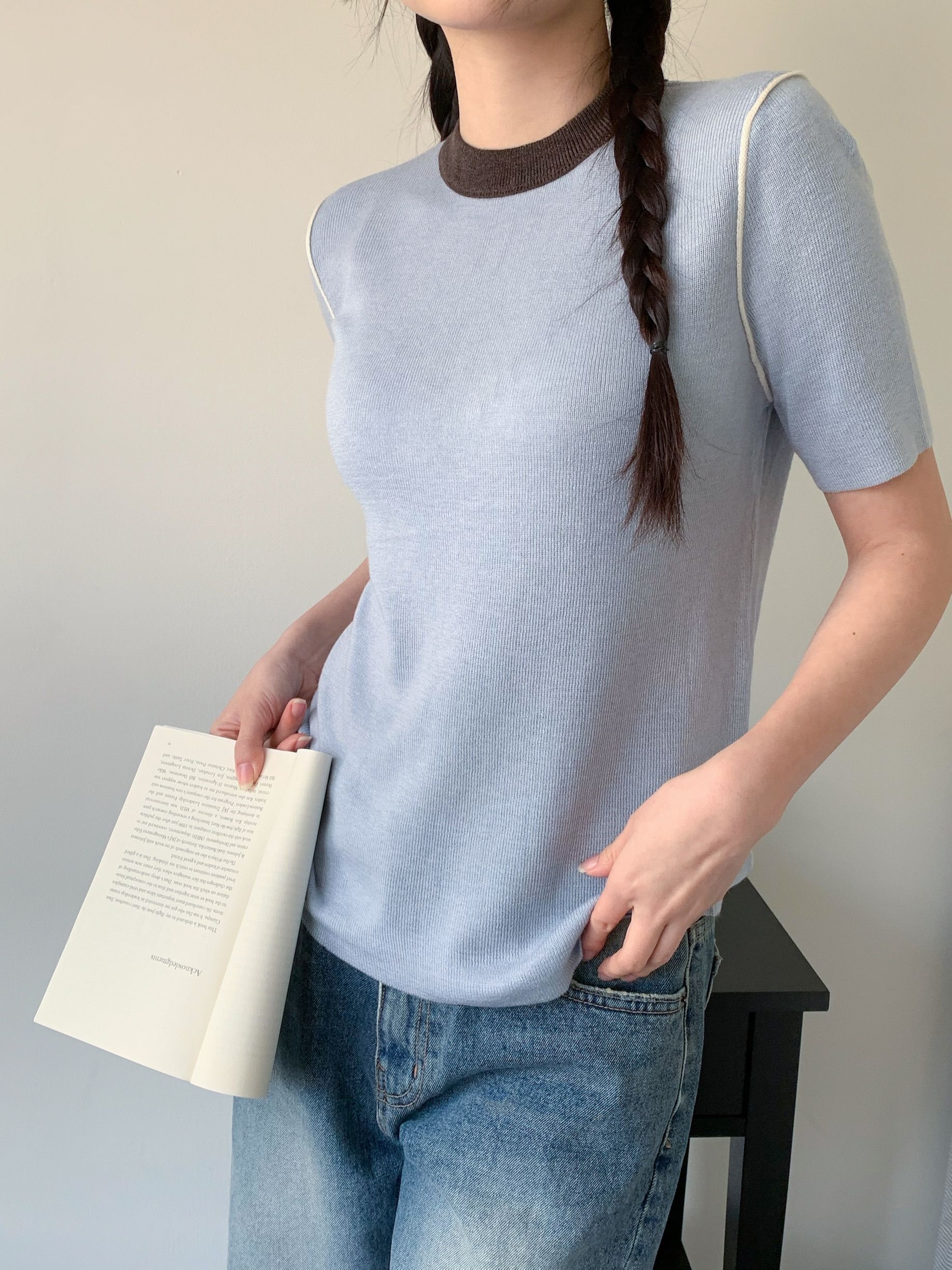 ニットラウンドネックスリム半袖配色Tシャツ | 詳細画像3
