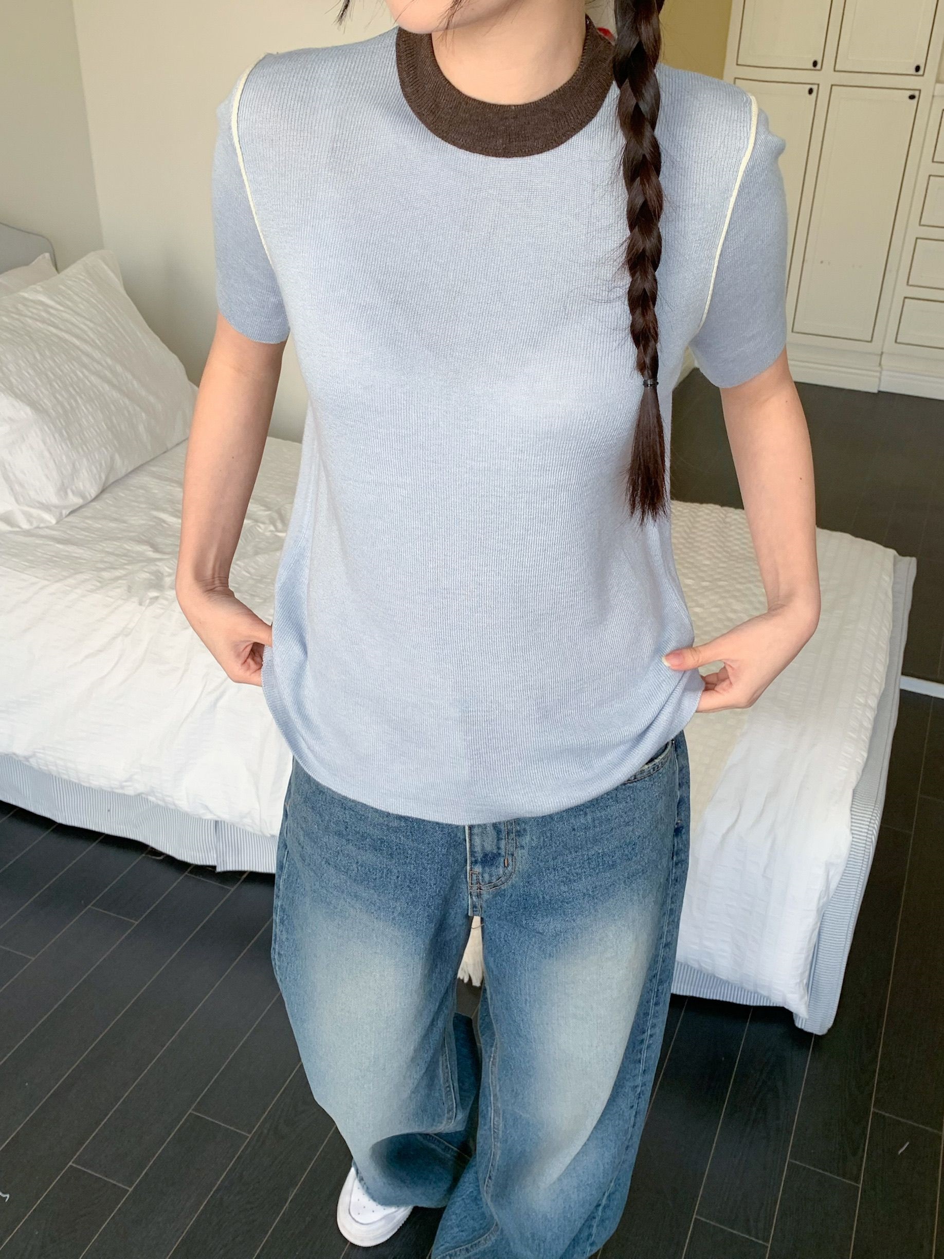 ニットラウンドネックスリム半袖配色Tシャツ | 詳細画像6