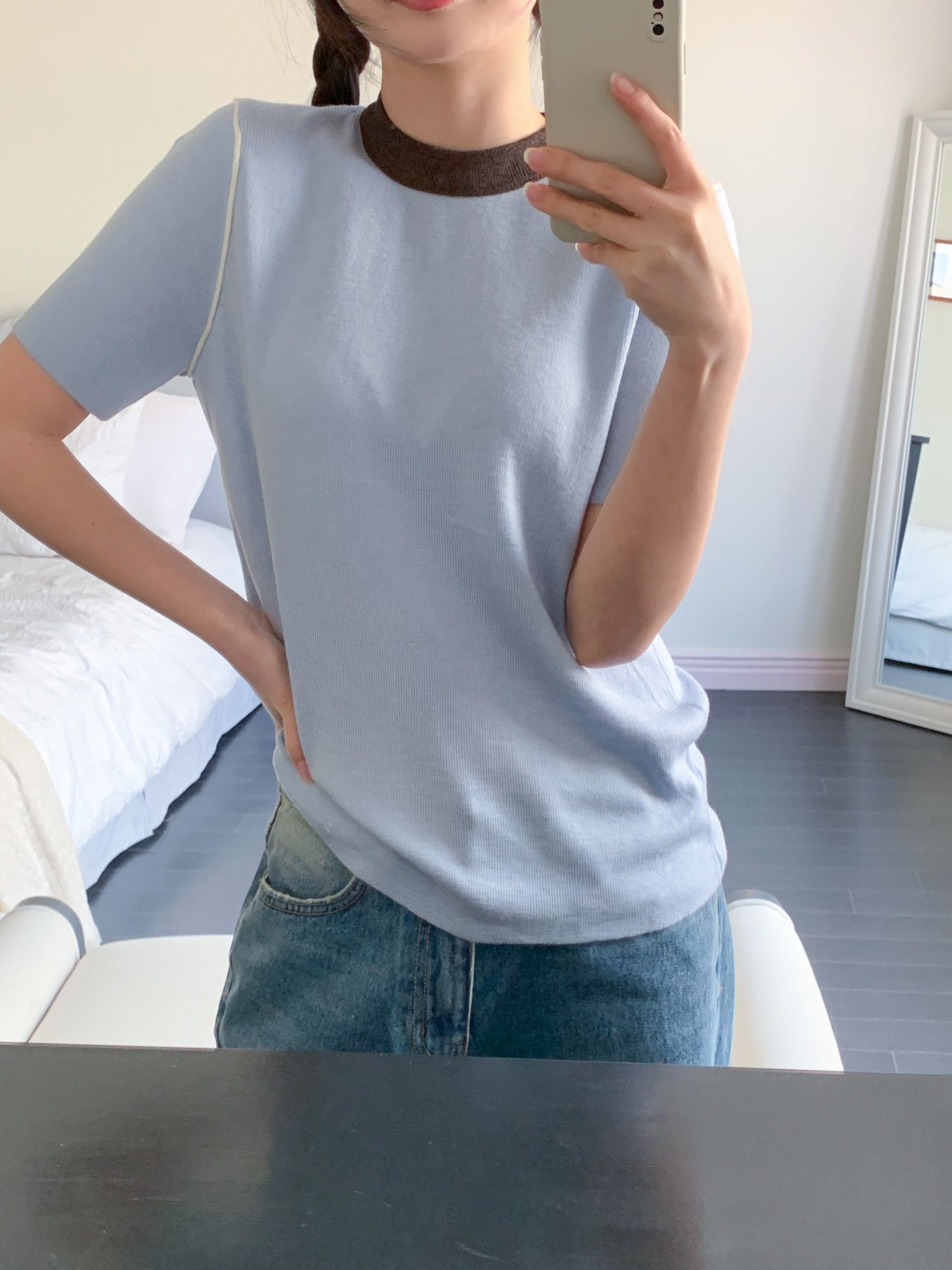 ニットラウンドネックスリム半袖配色Tシャツ | 詳細画像9