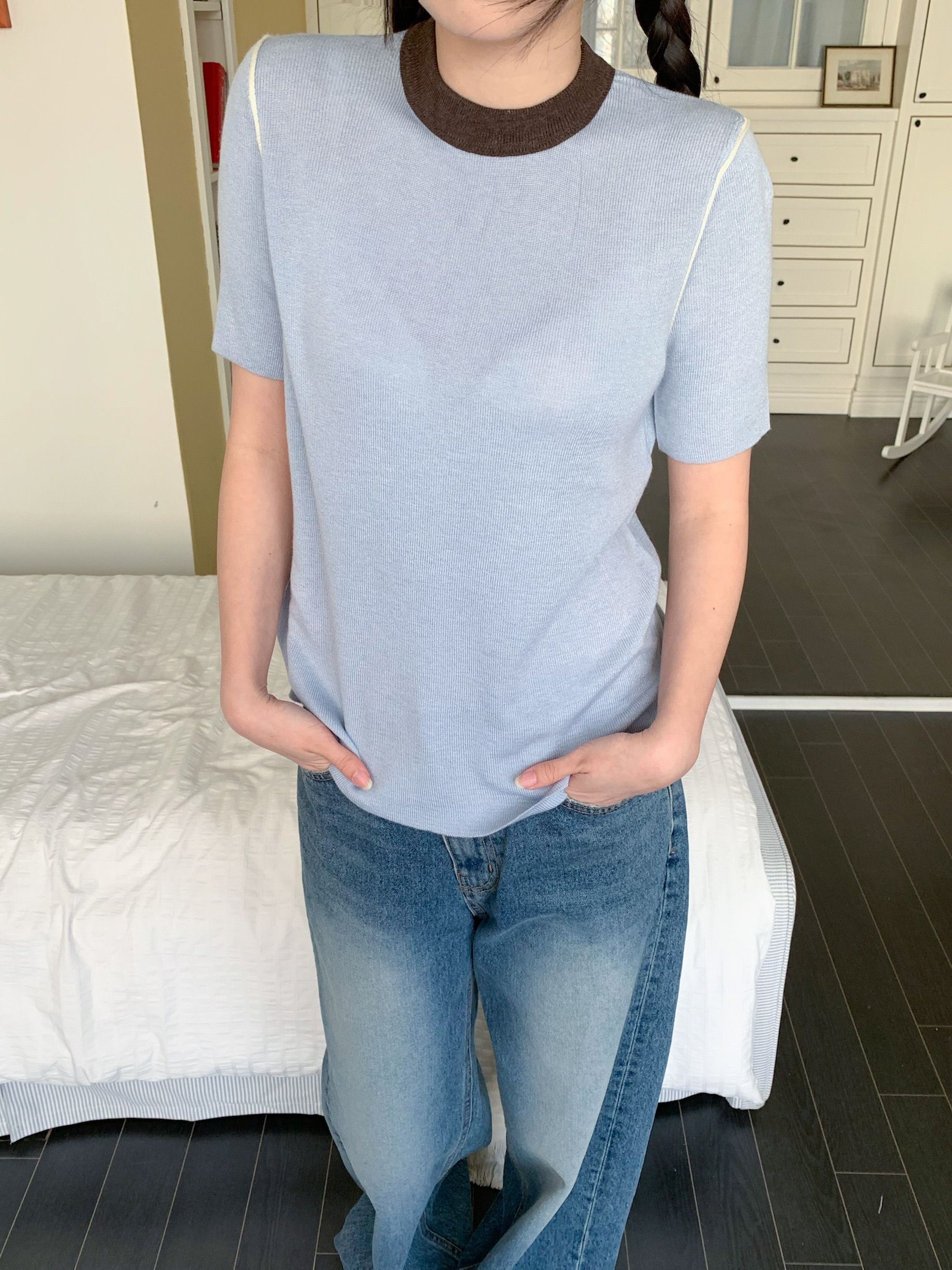 ニットラウンドネックスリム半袖配色Tシャツ | 詳細画像11