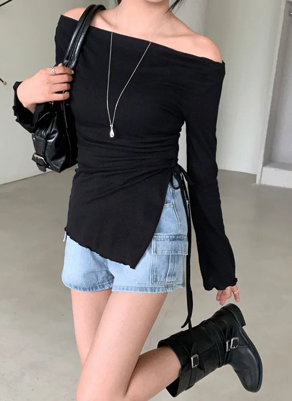 オフショルダースリットドローストリング長袖スリムTシャツ | 66girls | 詳細画像1