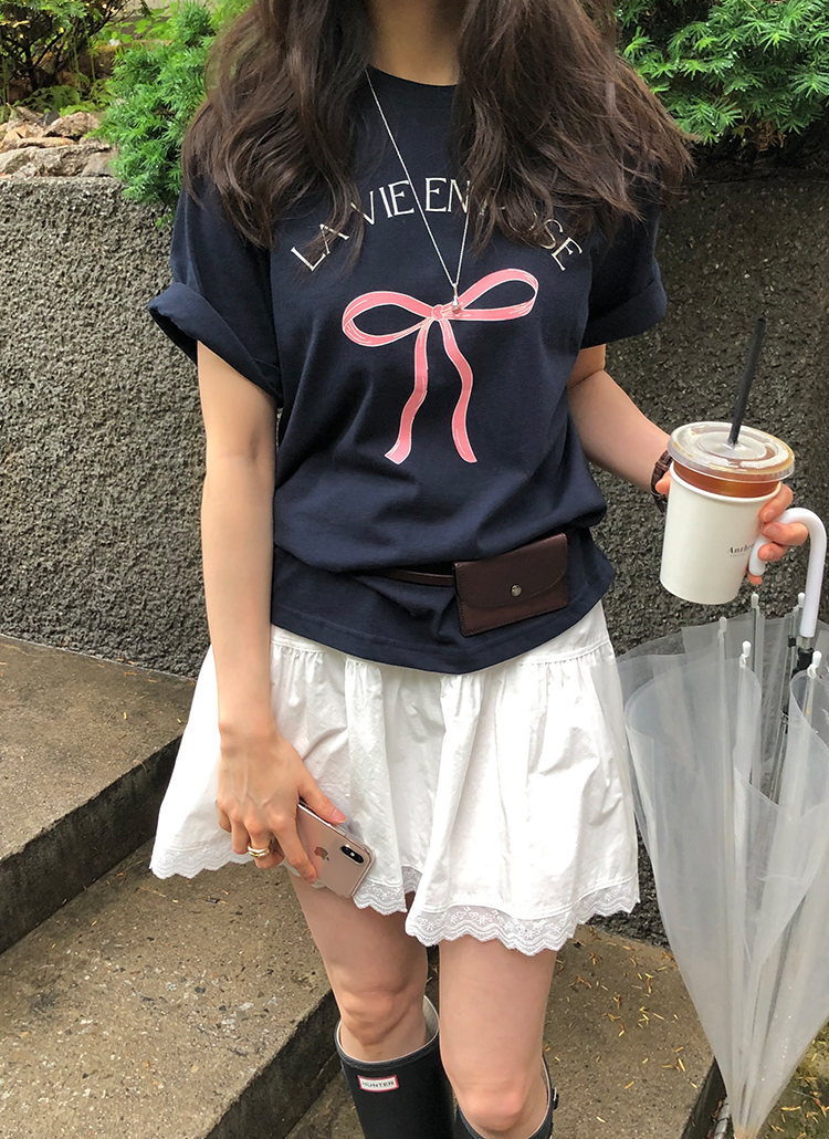 半袖ラウンドネックリボン柄Tシャツ | レディースファッション通販