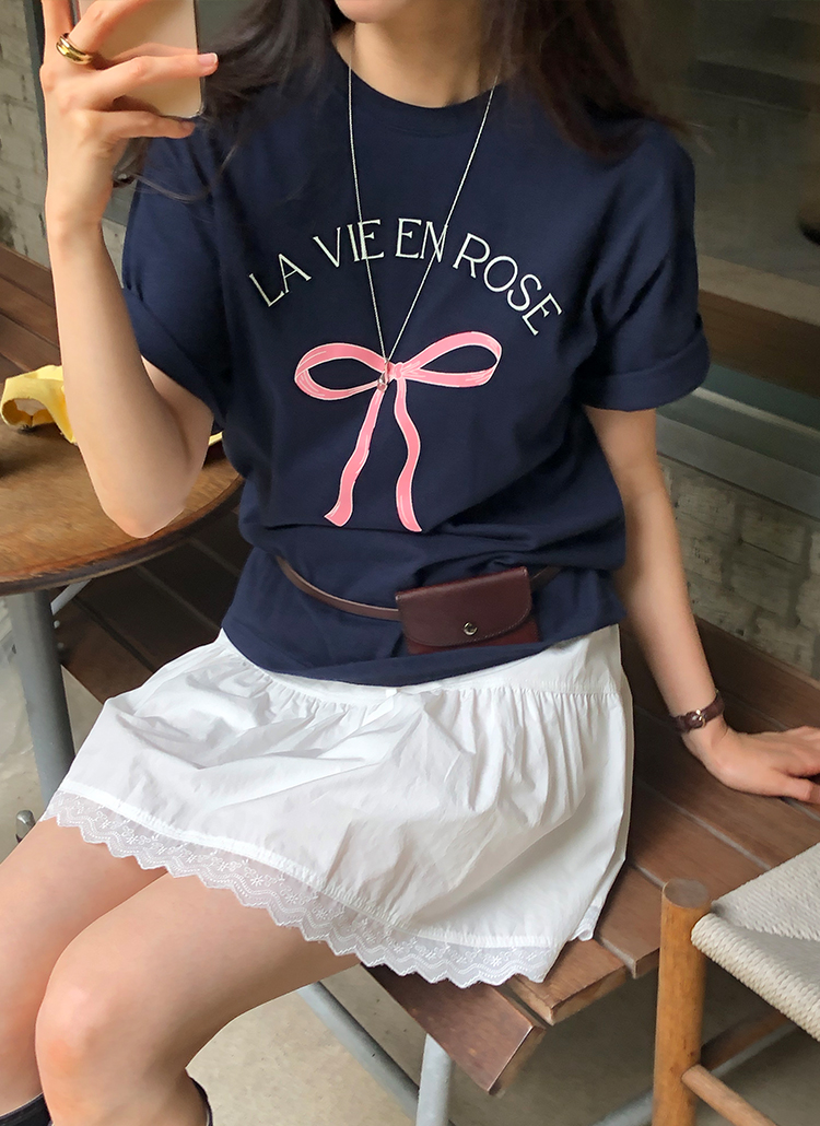 半袖ラウンドネックリボン柄Tシャツ | レディースファッション通販