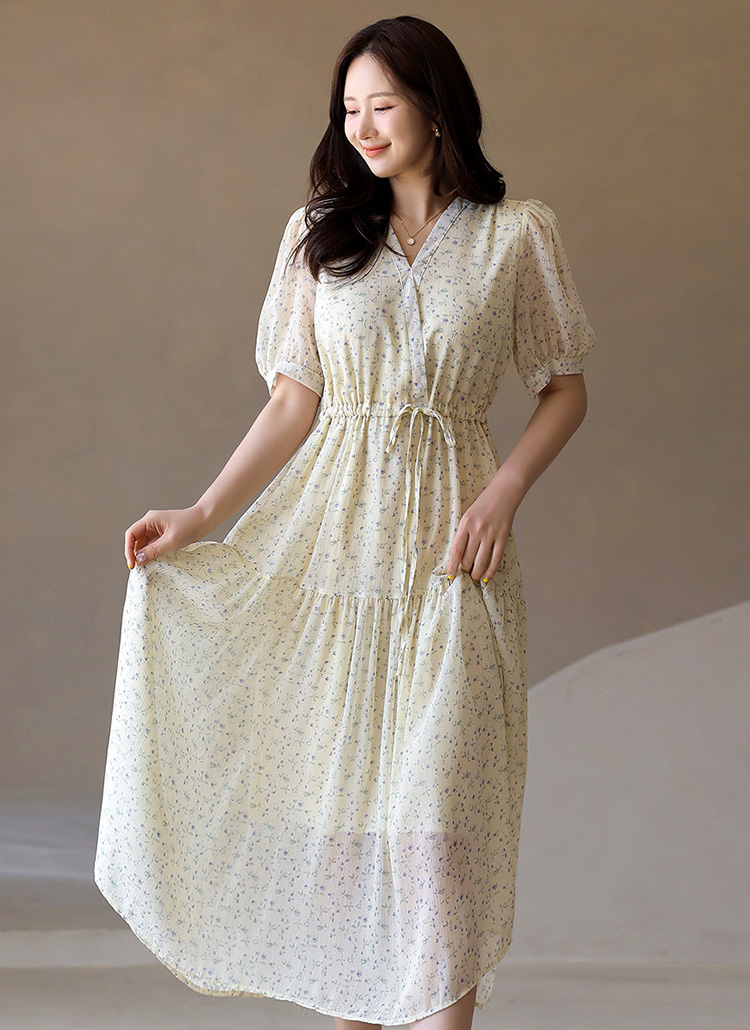 COCOBELLA★エスニックシフォンプリントワンピース CA1 シフォンドローストリング小花柄ワンピース | レディース
