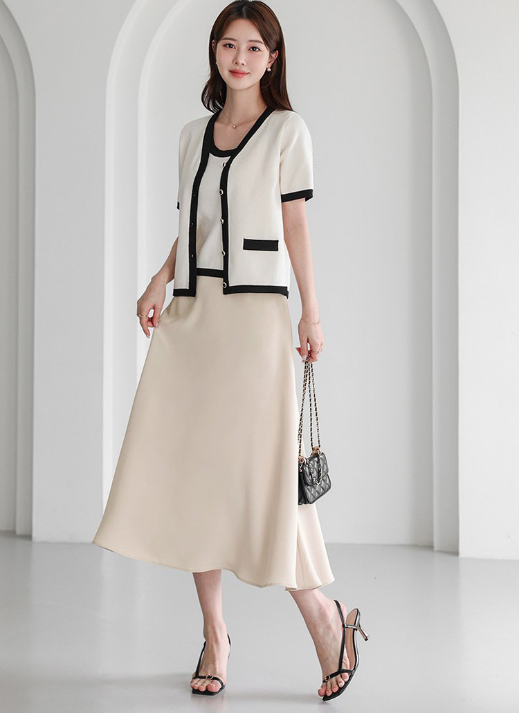 ニットラウンドネック半袖配色カーディガンノースリーブアンサンブル