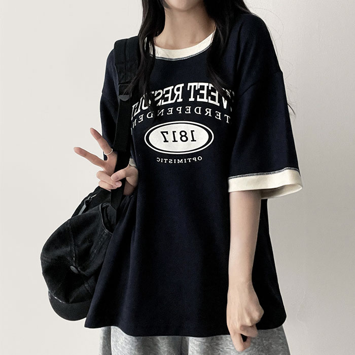半袖ボクシー配色ロゴTシャツ | レディースファッション通販 - DHOLIC