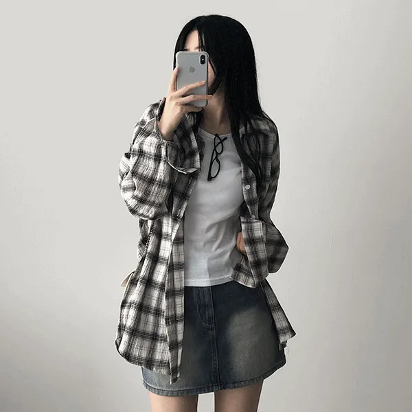 リネンクールボクシー長袖チェックシャツ | hijjoo | 詳細画像1