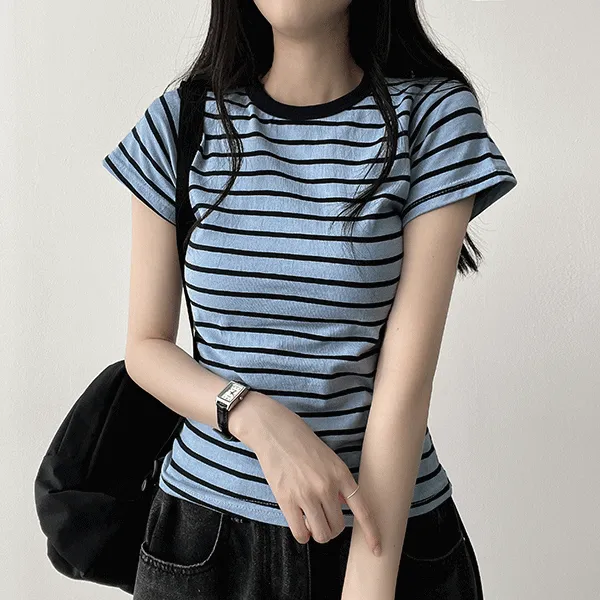 スリム半袖ボーダー配色Tシャツ | hijjoo | 詳細画像1