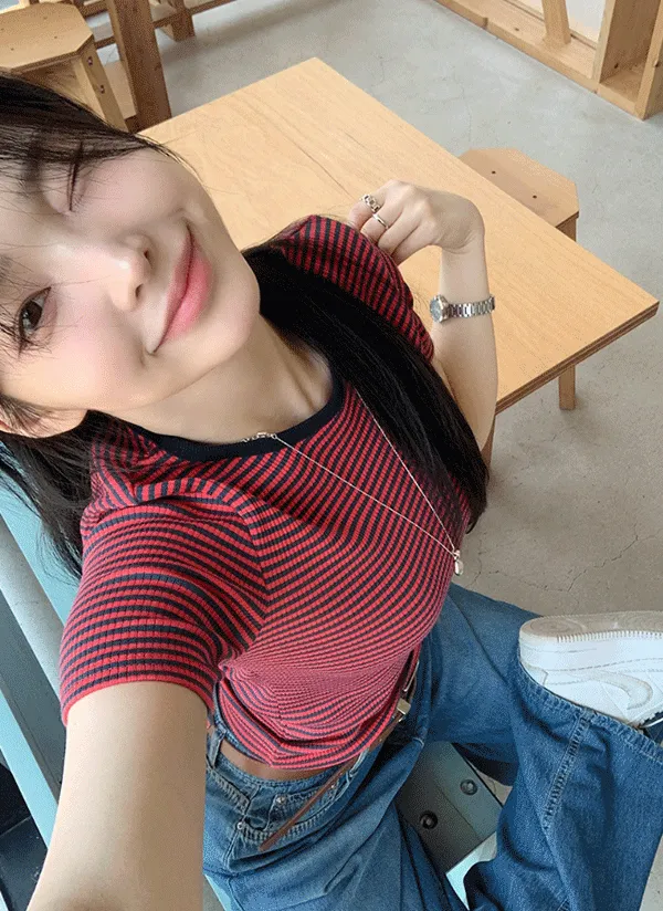 スリム半袖ボーダー配色Tシャツ | 66girls | 詳細画像1