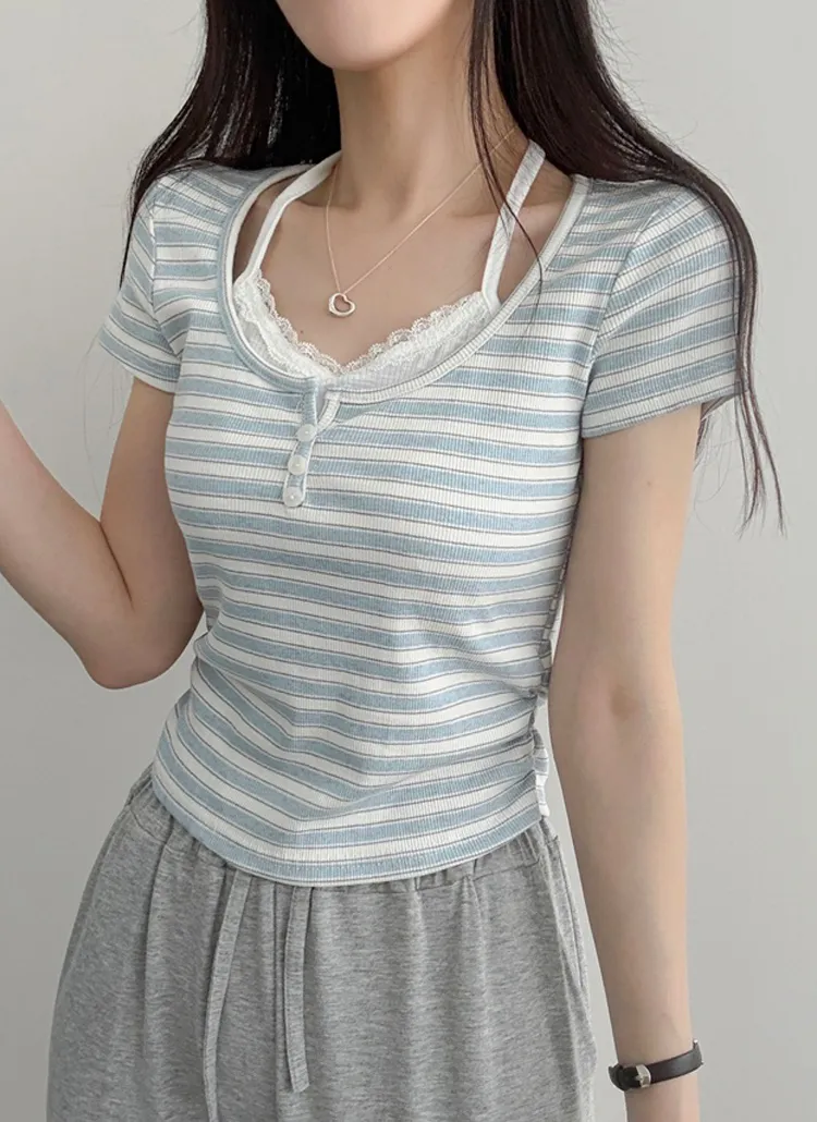 ホルターネックレイヤード風レースボーダーTシャツ | lilisense | 詳細画像1