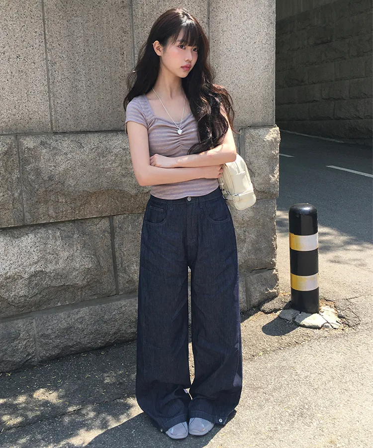 [選べる丈]バックゴムスナップボタンサイドピンタックデニムパンツ | anyonemore | 詳細画像1