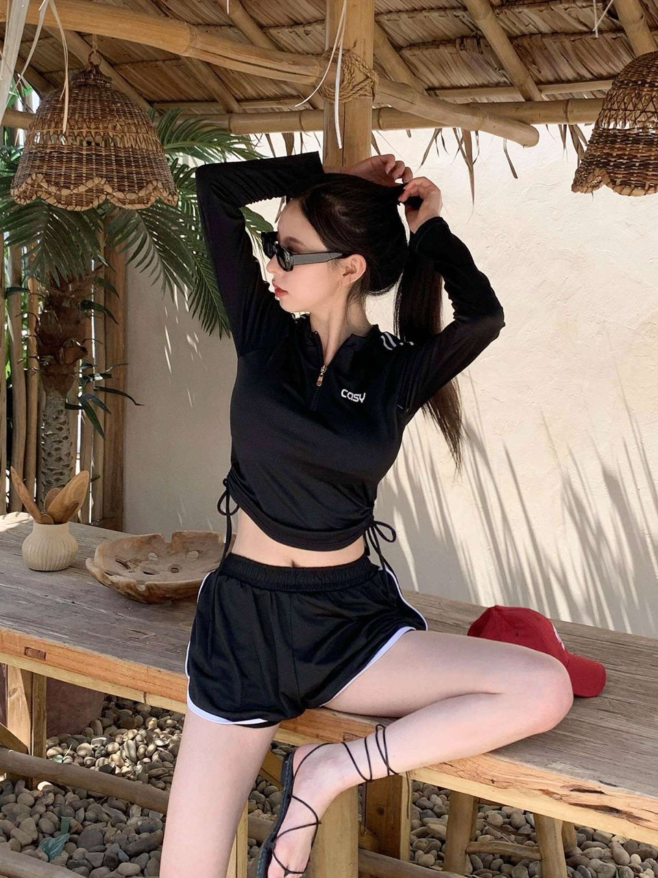 カップ付ストレッチウエストゴムスリム長袖セットアップTシャツラッシュガードショートパンツ | 詳細画像10