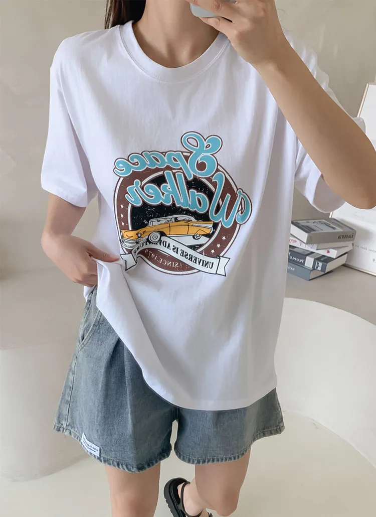 コットンラウンドネック半袖プリントTシャツ | 詳細画像1