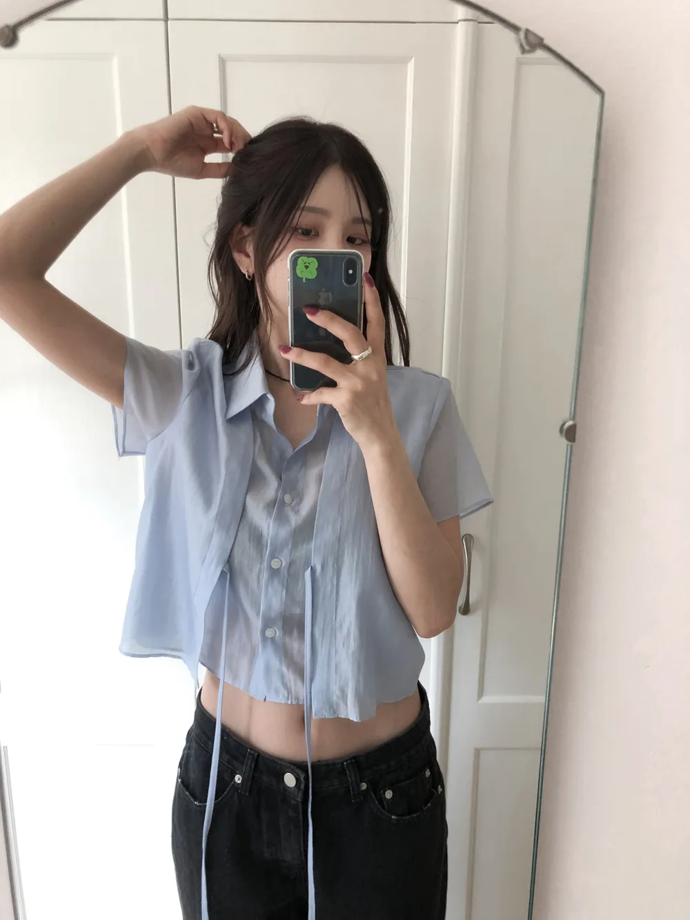 シースルー半袖クロップドグロッシードローストリングブラウス | Heyme | 詳細画像1