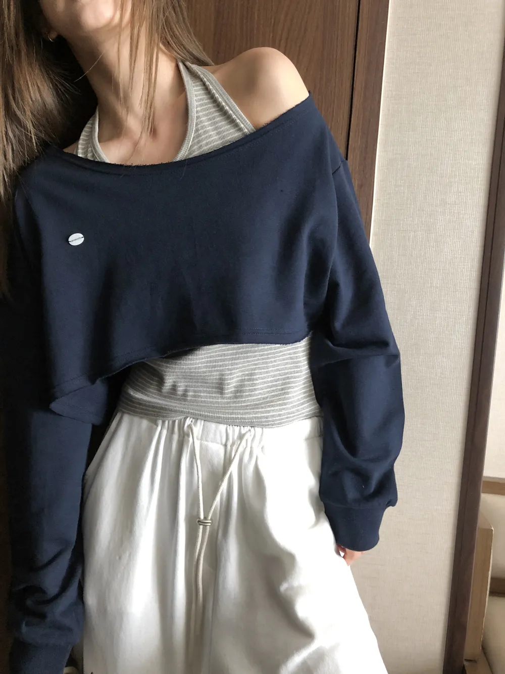 クロップドオフショルダー長袖ボーダーアンサンブルスウェットキャミソール | Heyme | 詳細画像1