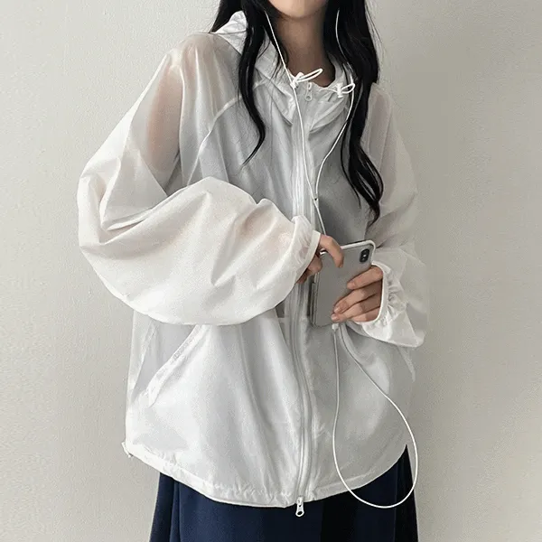 シースルー長袖ボクシージップパーカー | hijjoo | 詳細画像1