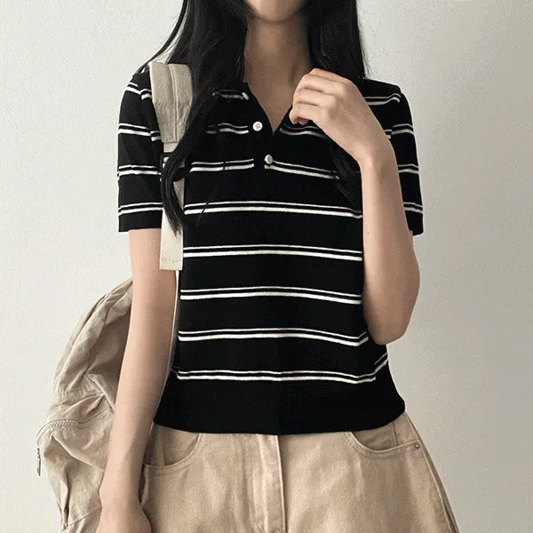 スリム半袖ボーダーニットポロカラーTシャツ | hijjoo | 詳細画像1