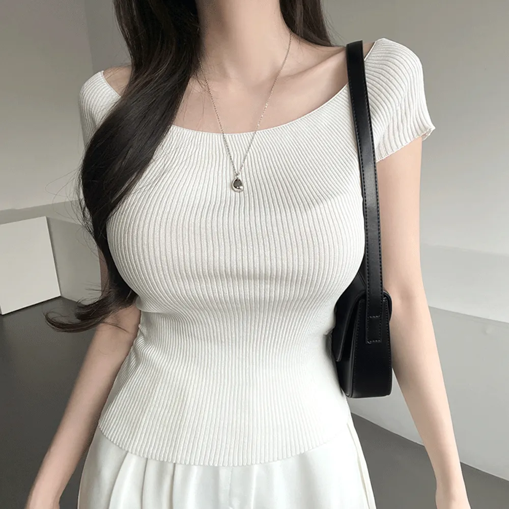 リブラウンドネックオフショルダーTシャツニット | ganadaran | 詳細画像1