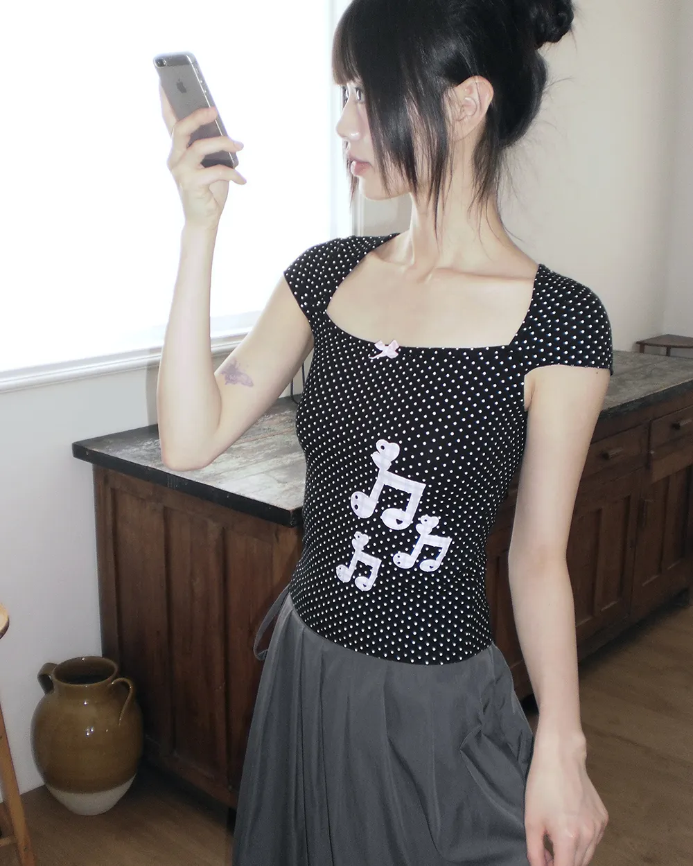 コットンスリム半袖リボンドットTシャツ | WONDERWONDER | 詳細画像1