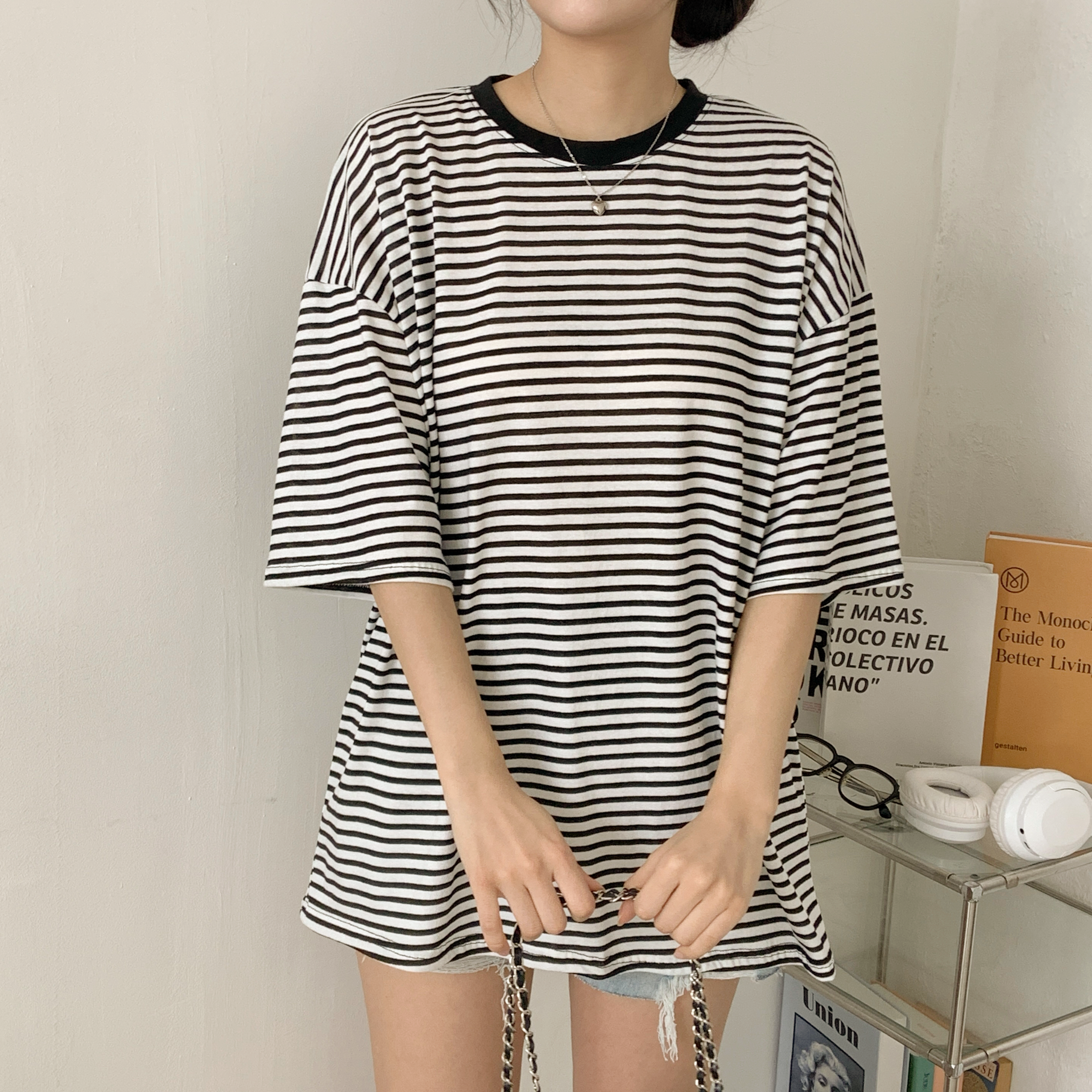 ルーズ半袖ボーダー配色Tシャツ | 詳細画像2