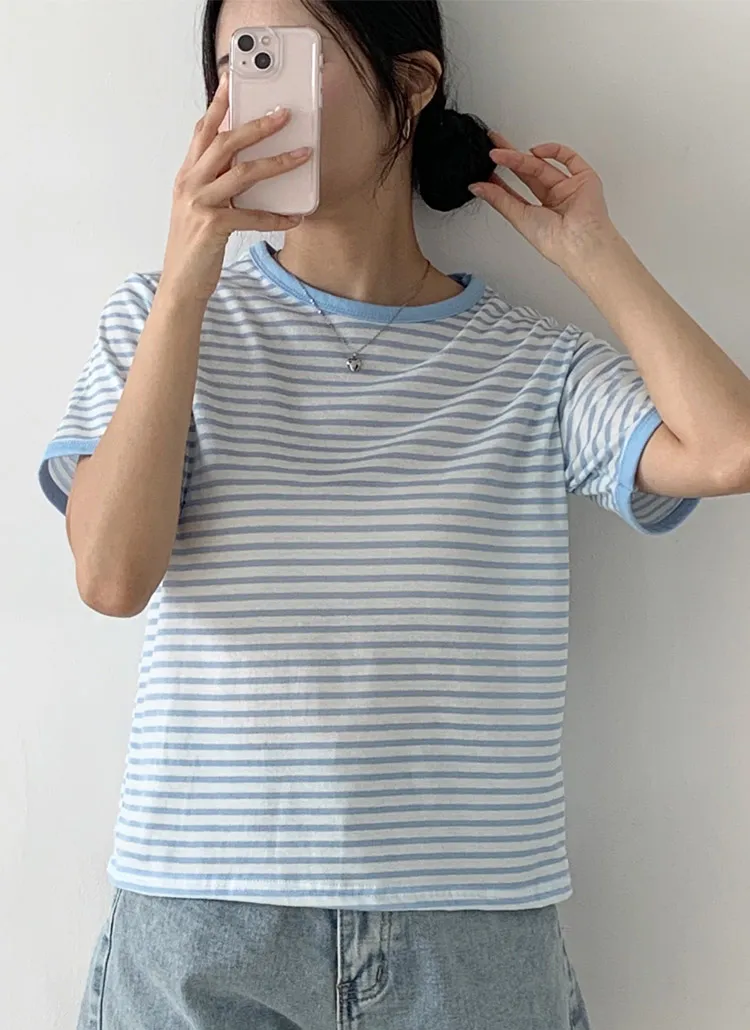 スリム半袖ボーダー配色Tシャツ | 詳細画像1