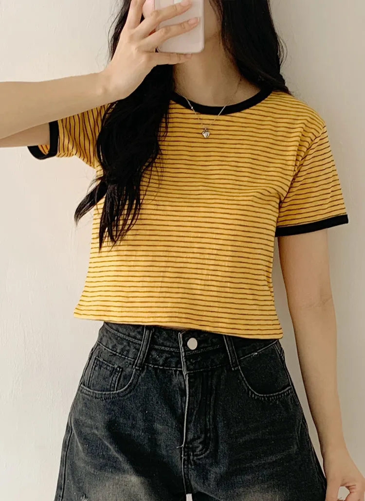 クロップド半袖ボーダー配色Tシャツ | 詳細画像1