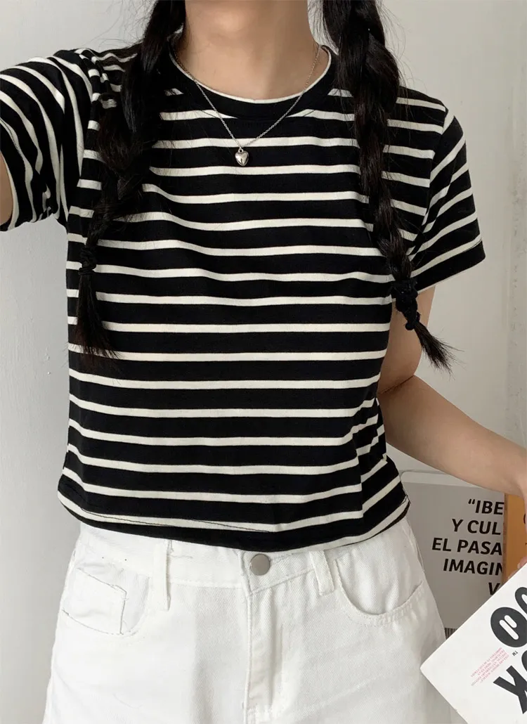 クロップド半袖ボーダー配色Tシャツ | 詳細画像1