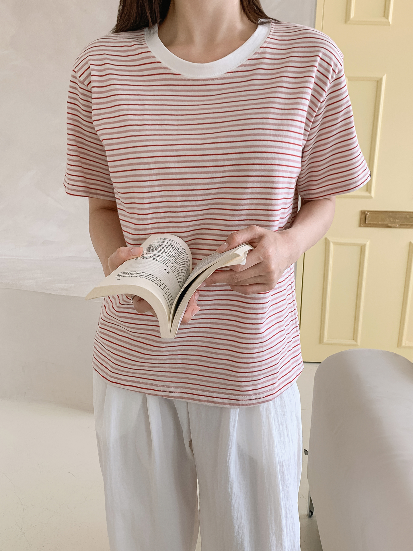 ラウンドネック半袖ボーダー配色Tシャツ | 詳細画像11