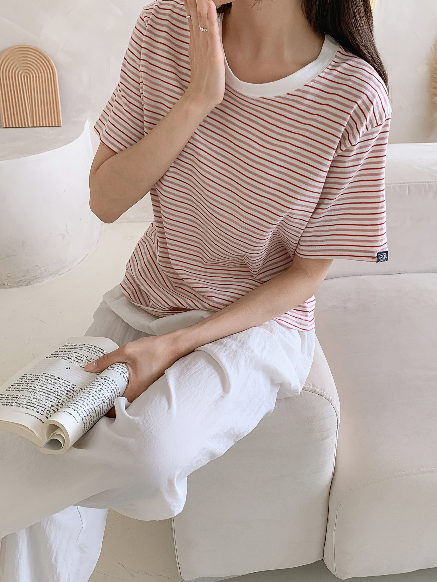 ラウンドネック半袖ボーダー配色Tシャツ | 詳細画像12