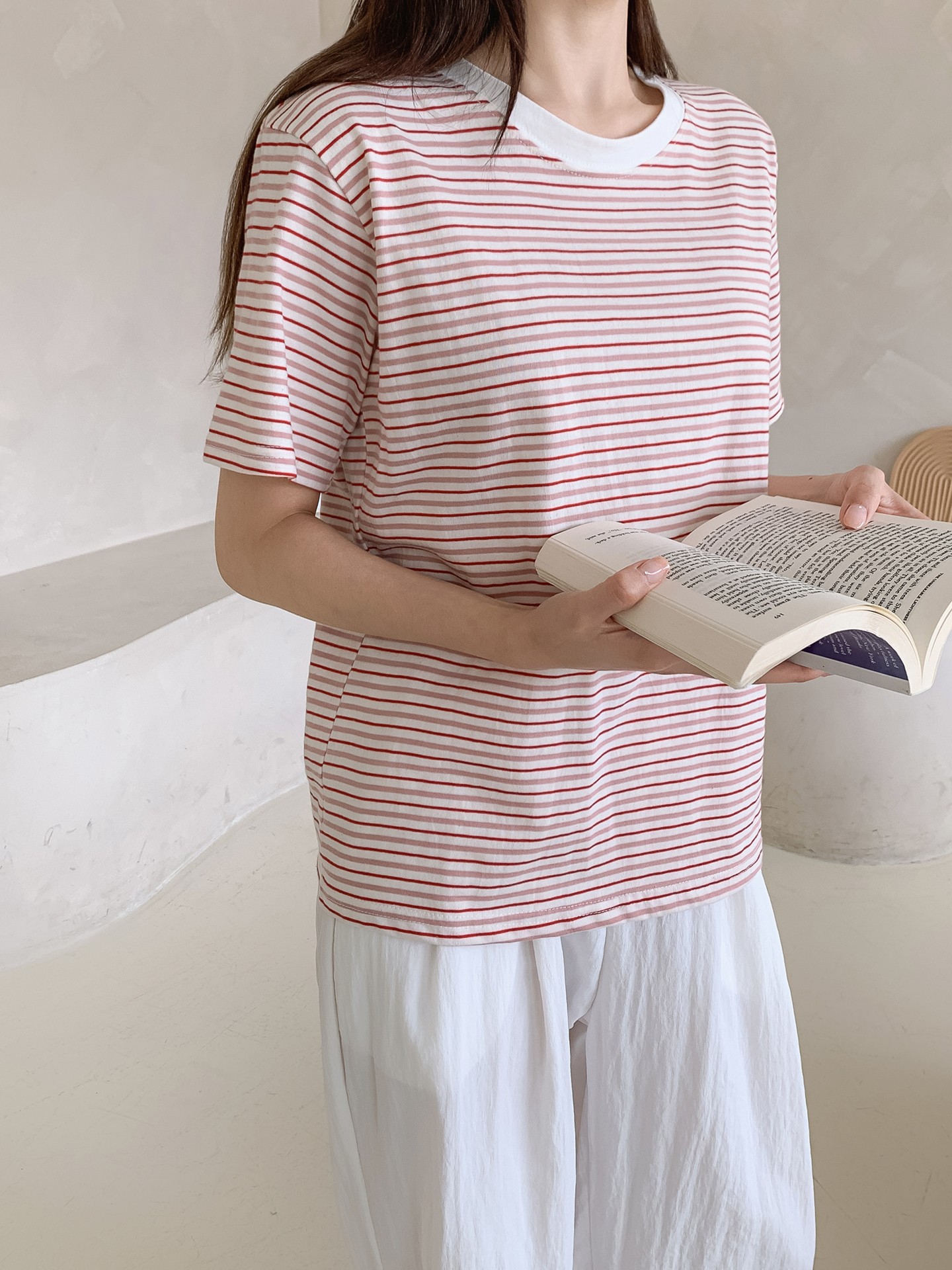 ラウンドネック半袖ボーダー配色Tシャツ | 詳細画像15