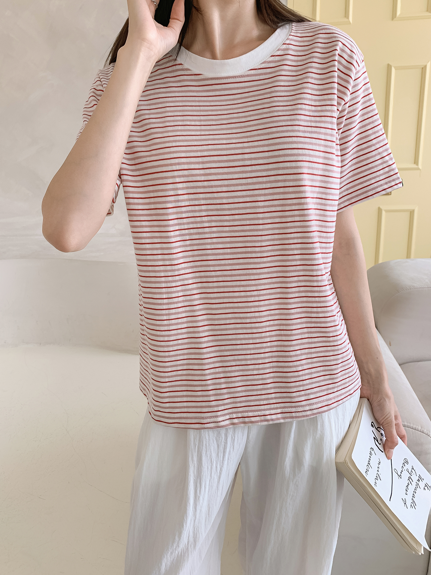 ラウンドネック半袖ボーダー配色Tシャツ | 詳細画像16