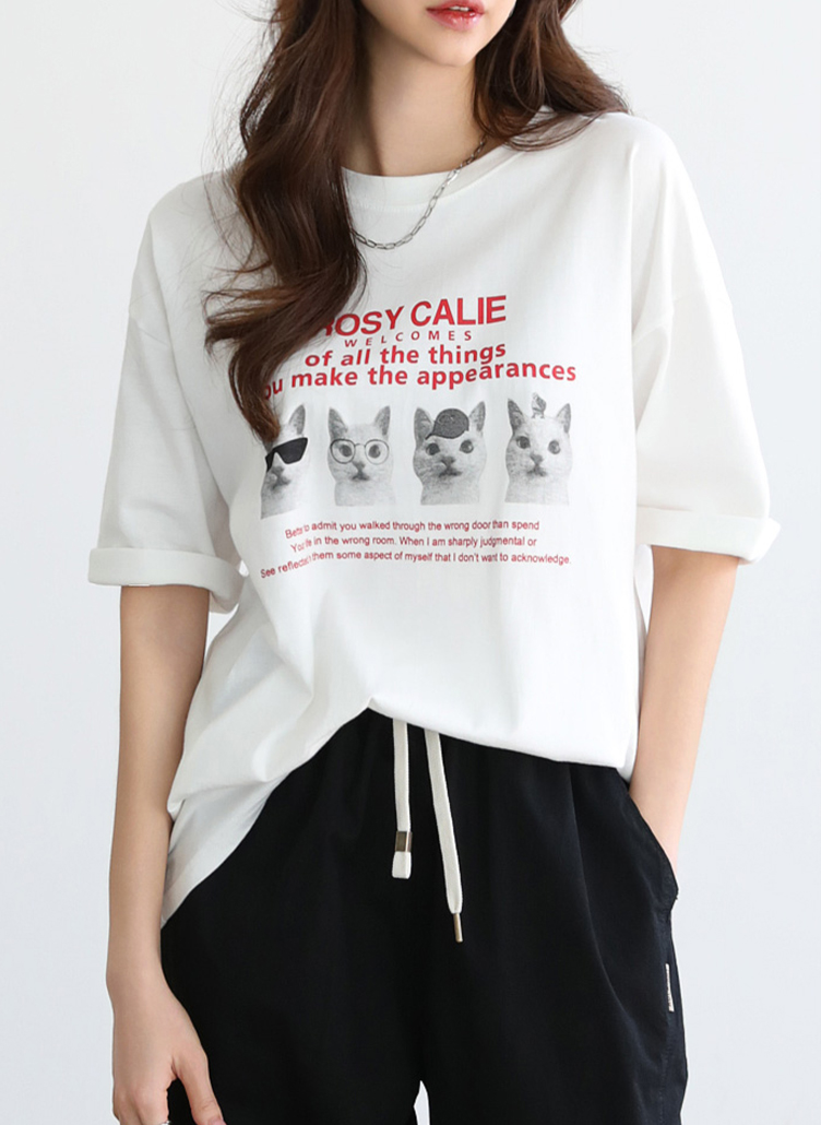 コットン半袖ボクシーラウンドネックプリントTシャツ