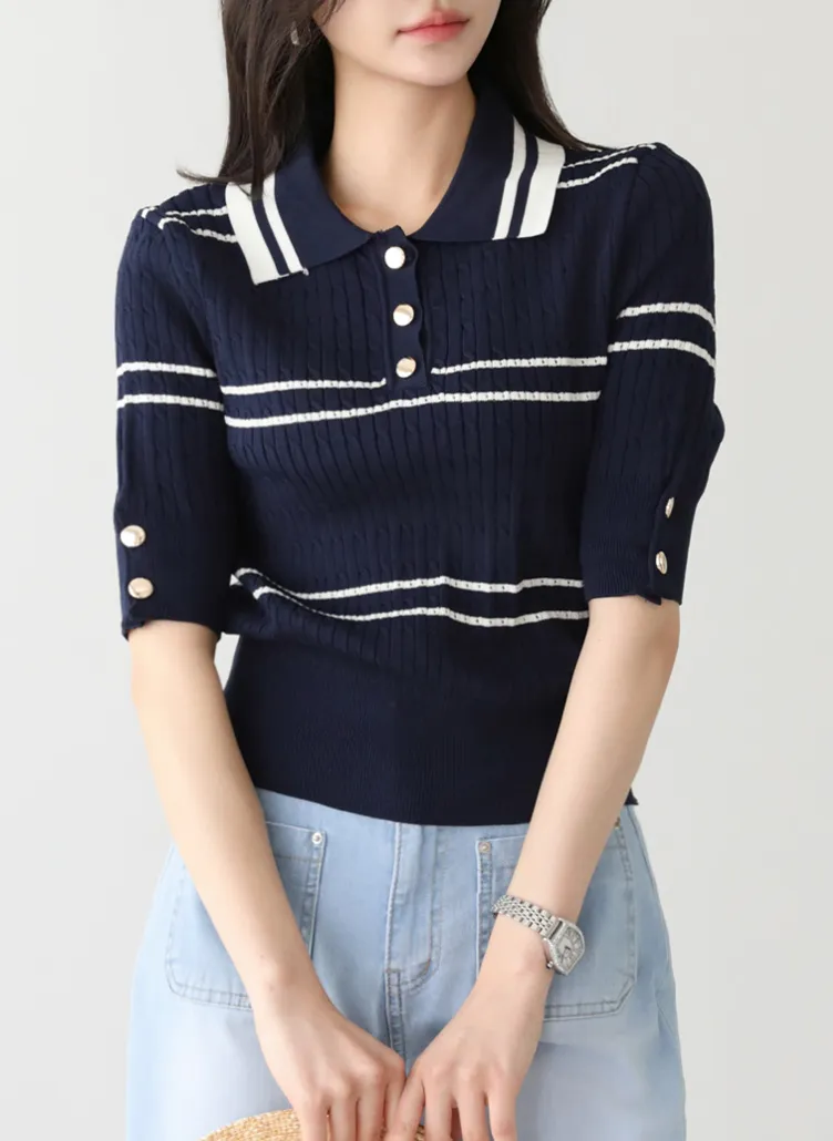 スリムボタン半袖カラーボーダーニットTシャツ | pippin | 詳細画像1