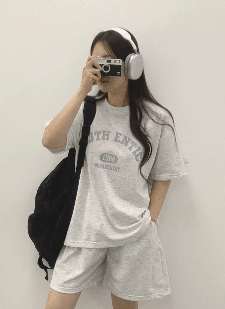 ラウンドネックウエストゴム半袖プリントTシャツハーフパンツ | withhuilin | 詳細画像1