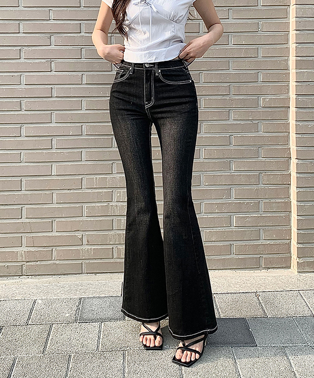 ブーツカットデニムパンツ ライトブルー 選べる丈]ウォッシングブーツカットライトブルーデニムパンツ