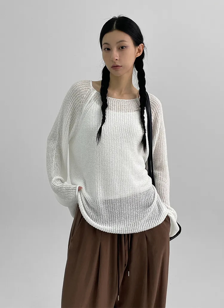 シースルーネット長袖ルーズボートネックニット | blackup | 詳細画像1