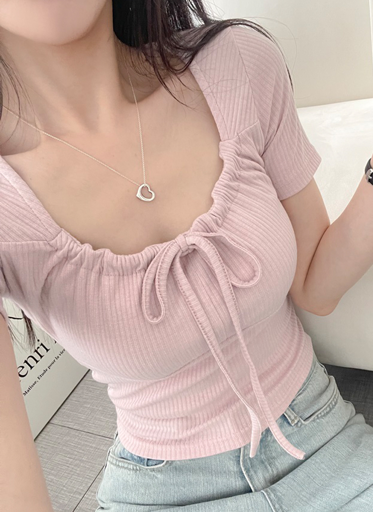ギャザーリボン半袖Tシャツ | レディースファッション通販 - DHOLIC
