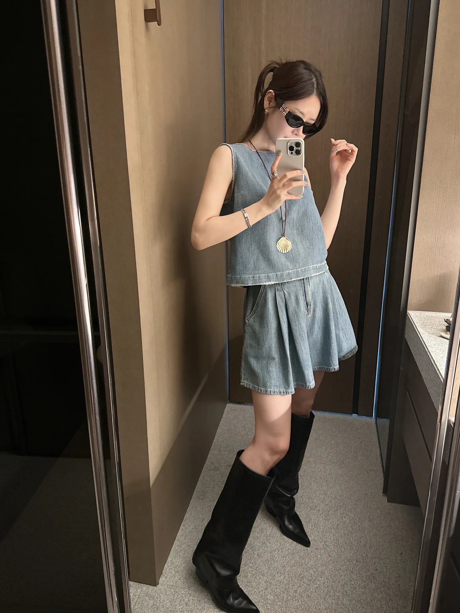 ウォッシングバックゴムショートフレアデニムパンツショートパンツ | partysu | 詳細画像1