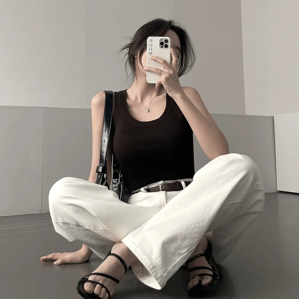 リブラウンドネックUネック無地ノースリーブ | ganadaran | 詳細画像1