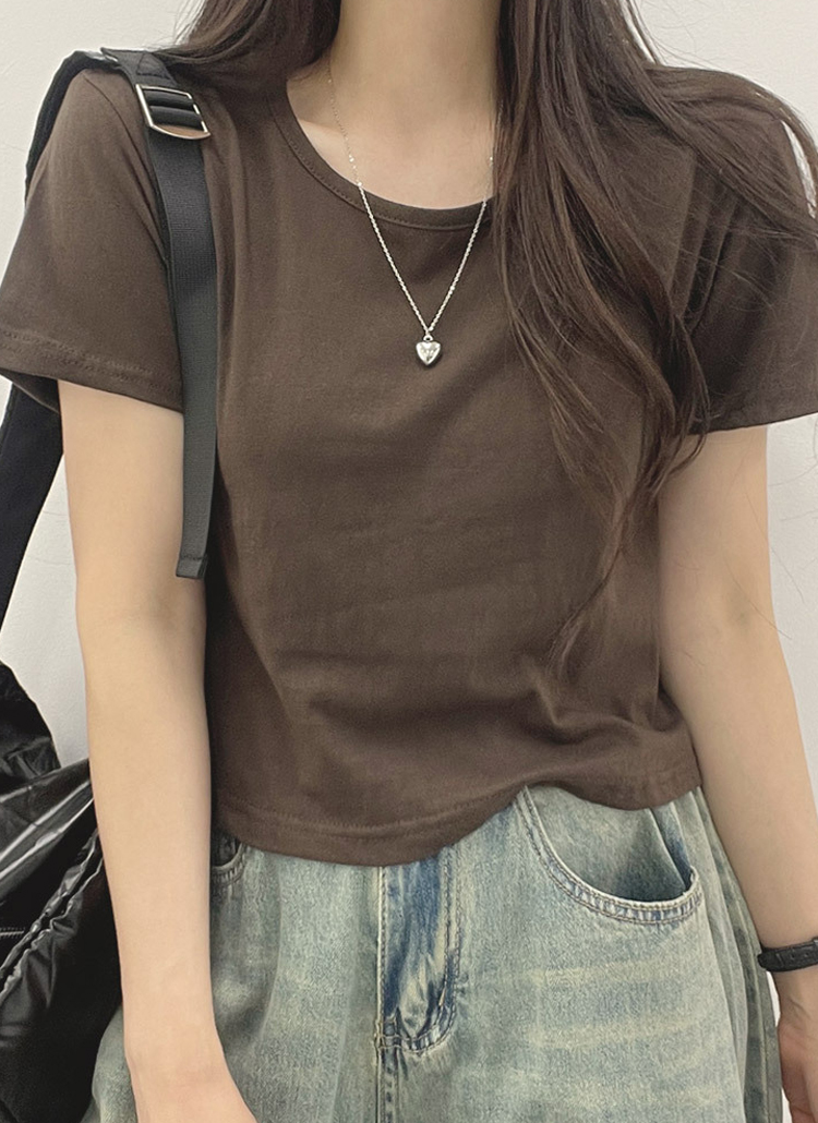 クロップドラウンドネック半袖無地Tシャツ | レディースファッション