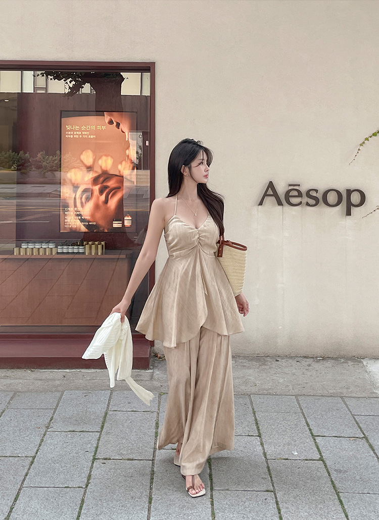 ウエストゴムホルターネックワイドセットアップパンツキャミブラウス