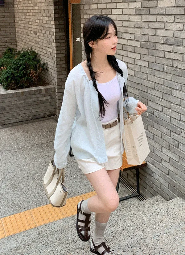 シースルーラウンドネック長袖リンクルドローストリングシャツジャケット | 66girls | 詳細画像1