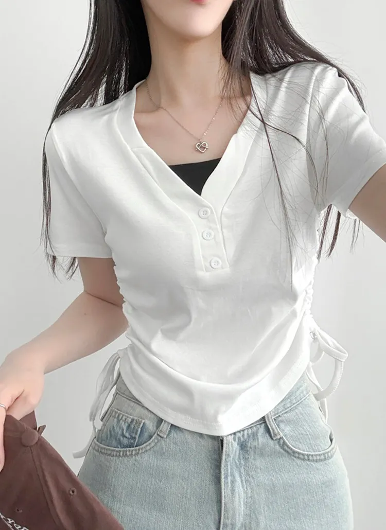 シャーリングVネックレイヤード風Tシャツ | lilisense | 詳細画像1