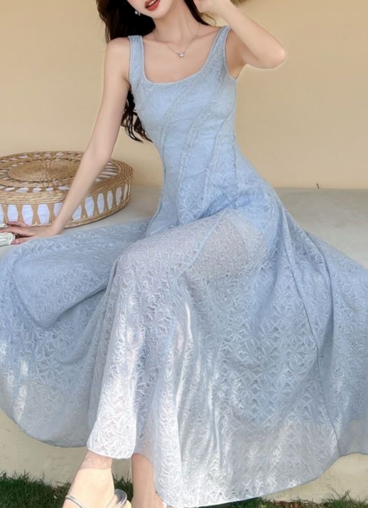 マーレット レースパネルワンピース ロングワンピースXS ネイビー フレア 美品 アイレットレーススクエアネックロングワンピース | レディース