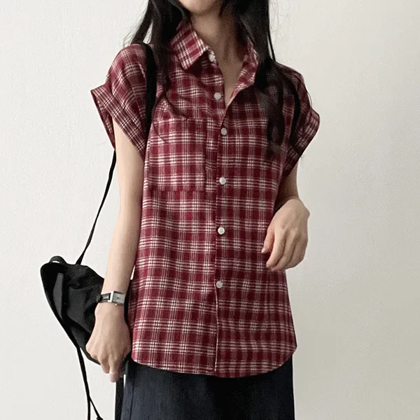 リネン混半袖ロールアップスリムチェックシャツ | hijjoo | 詳細画像1