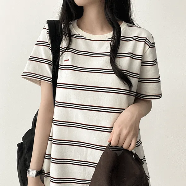 半袖パッチラウンドネックボーダーTシャツ | hijjoo | 詳細画像1
