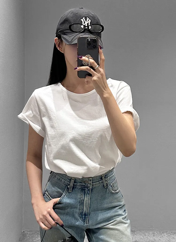 コットンラウンドネック半袖スリムTシャツ | vivnluv | 詳細画像1
