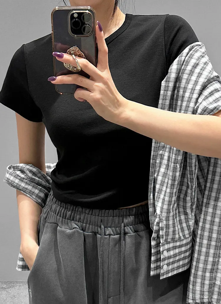 ストレッチラウンドネックスリム半袖Tシャツ | vivnluv | 詳細画像1