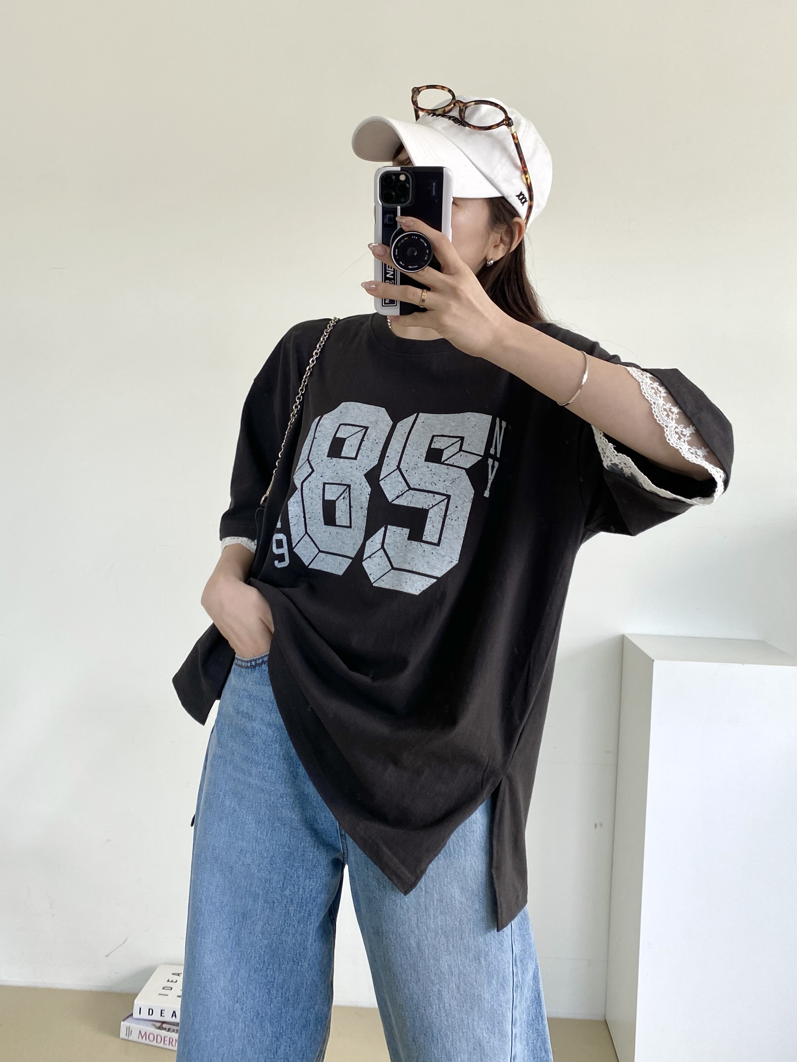 ラウンドネックスリットボクシー半袖ロゴレース配色Tシャツ | 詳細画像2